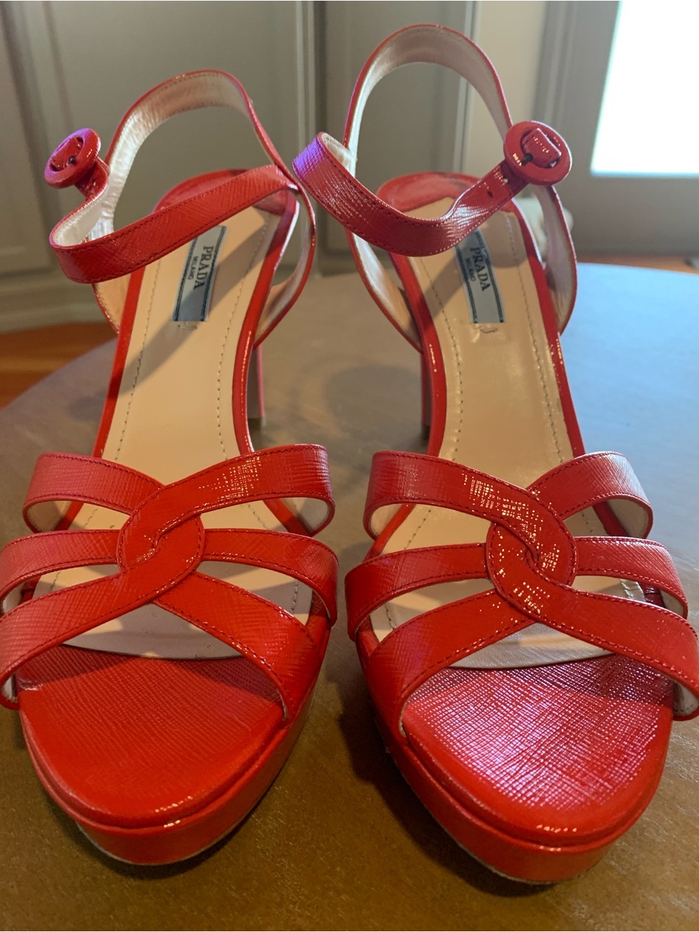 Prada Red Patent Leather Knotted Strappy Heels